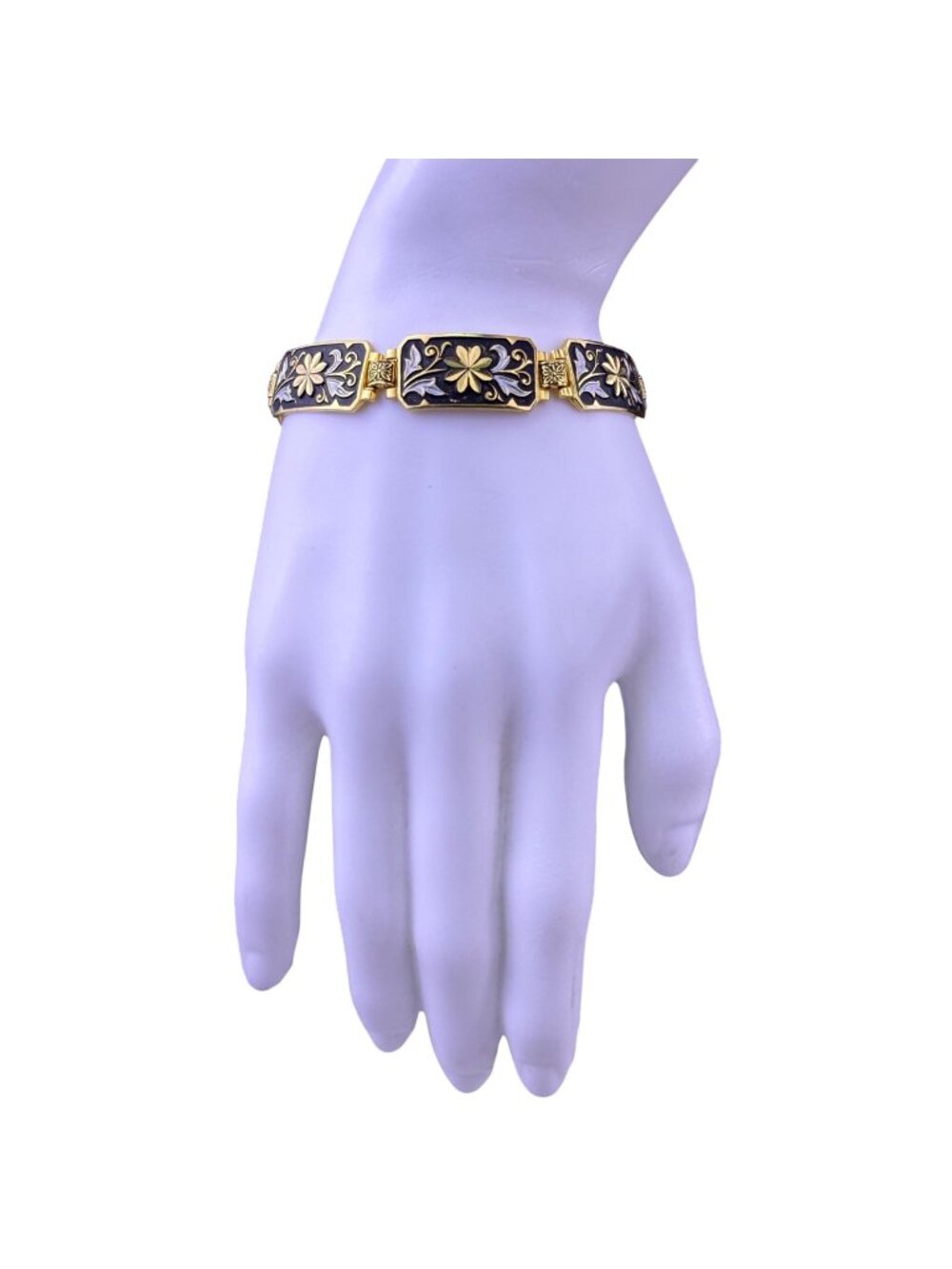Gold Tone & Black Enamel Floral Bracelet Ladies Handcrafted Spain Safety Clasp